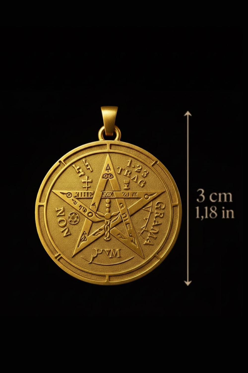 A gold-colored pendant with a pentagram design and various symbols, including a star and a crescent moon, against a black background.