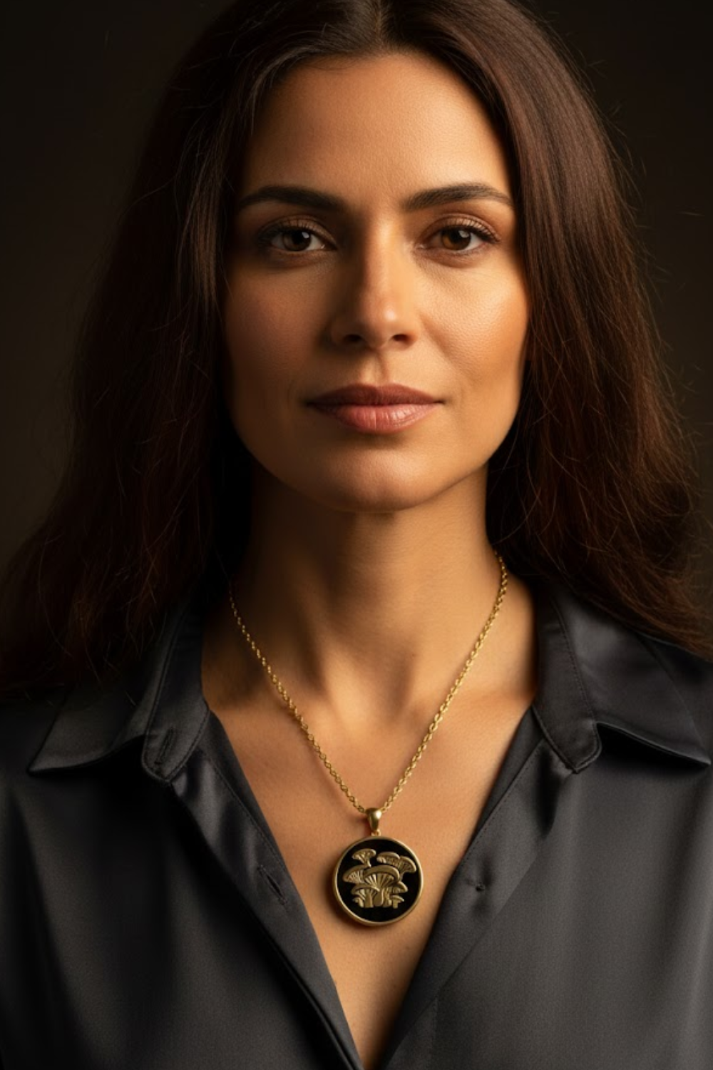 A woman with long brown hair wearing a black blouse and a gold necklace with a pendant.