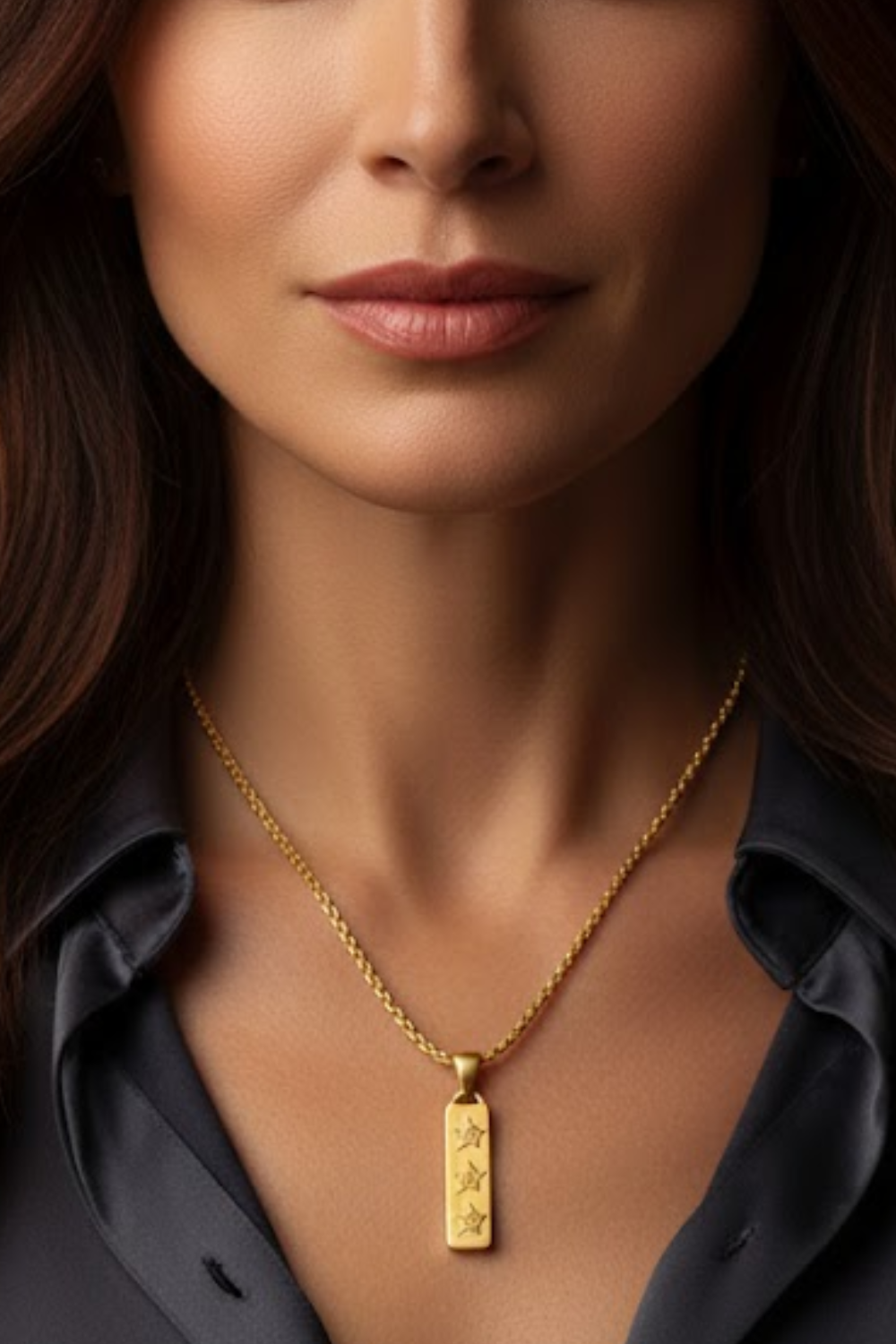 A close-up of a woman's face, focusing on her neck and chest area. She is wearing a gold necklace with a pendant featuring three stars.