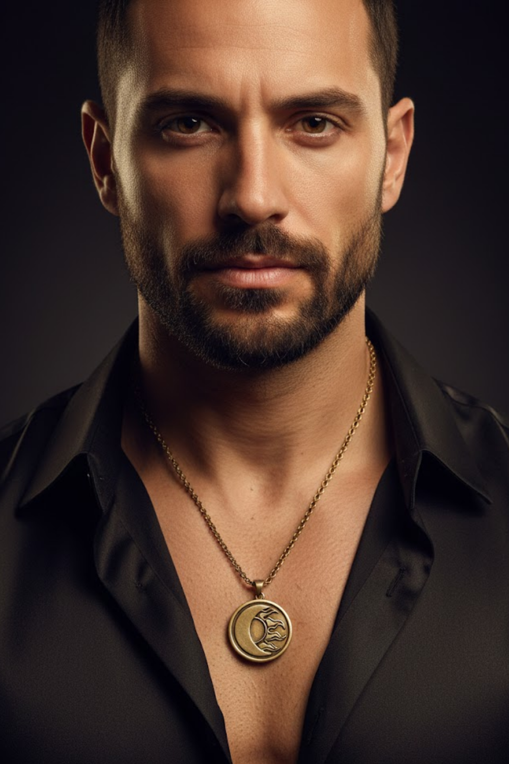 A man with a beard wearing a black shirt and a gold necklace with a pendant.