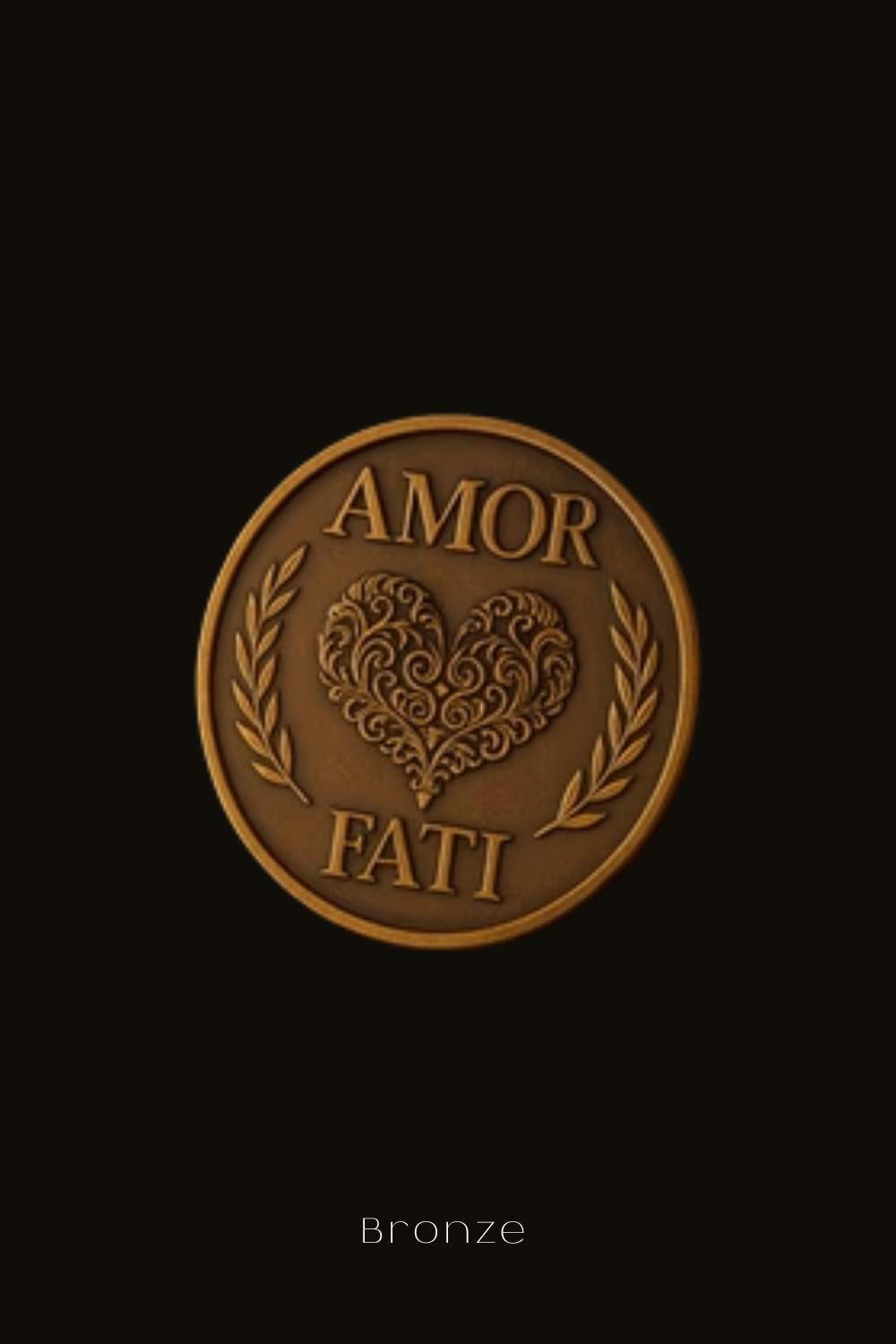 The image is a bronze coin with the words "AMOR FAMI" and "FAMI" engraved on it, along with a heart design.