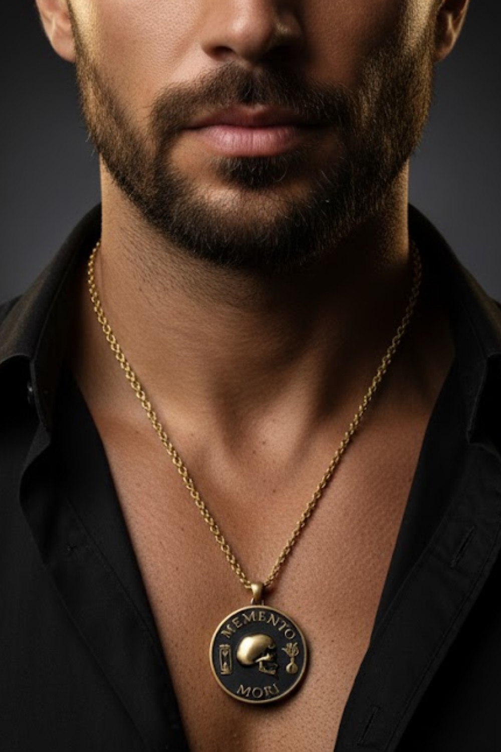 A close-up of a man's neck and chest area, with a gold chain necklace and a circular pendant featuring a skull and the Latin phrase "Memento mori".