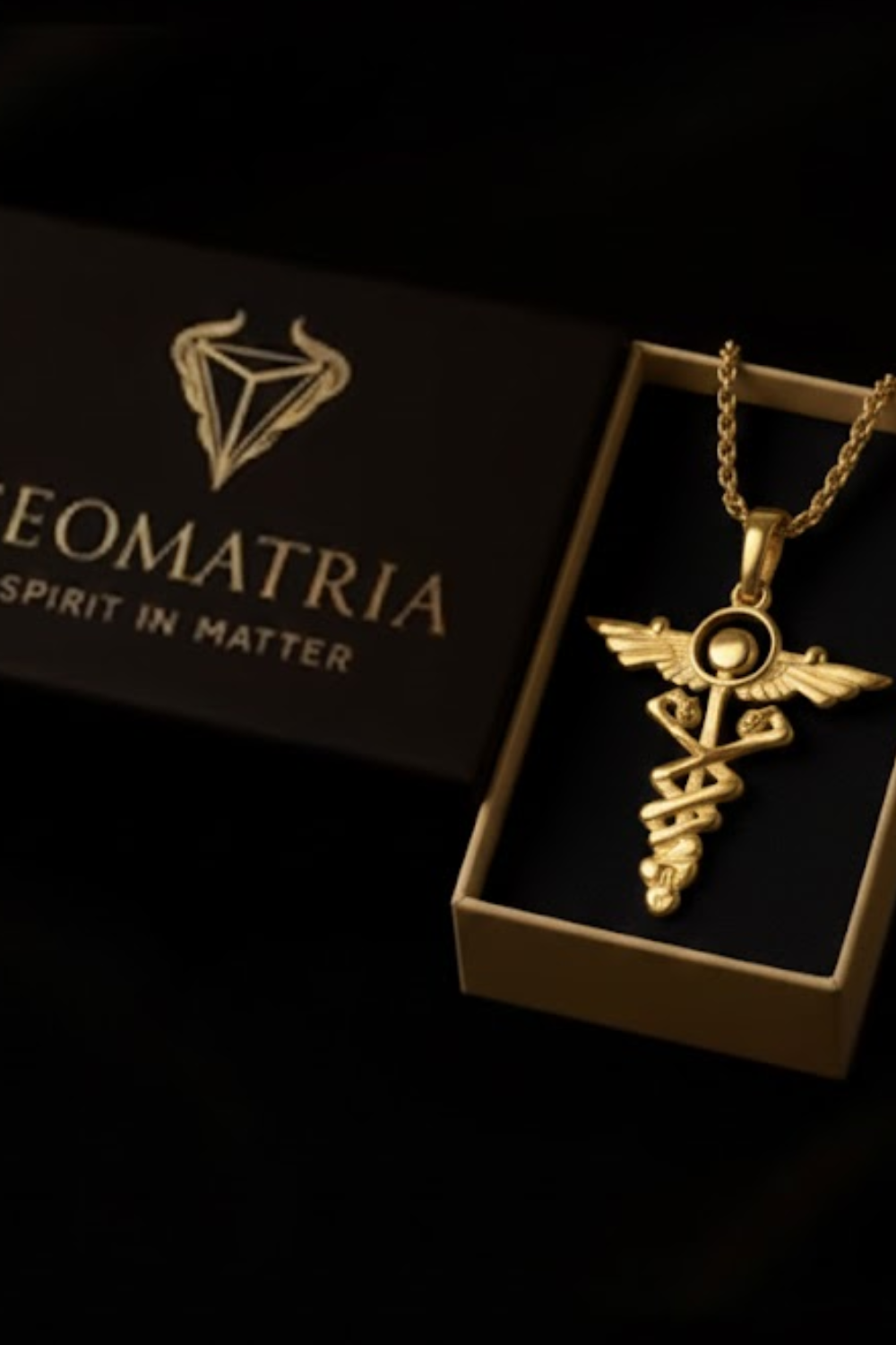 a gold-colored pendant necklace with a cross-shaped design, placed inside a black box with the word "Geomatria" written on it.