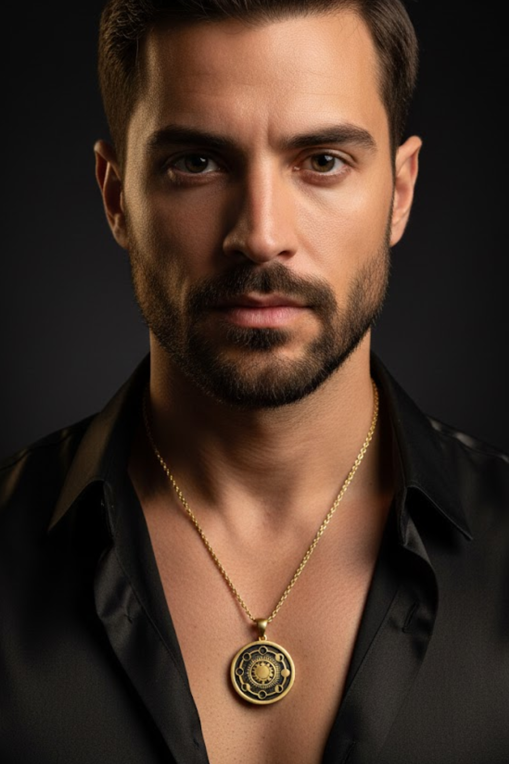 A man with a beard wearing a black shirt and a gold necklace with a circular pendant.