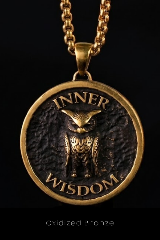 A gold-colored pendant with a circular design featuring an owl and the words "INNER WISDOM" engraved on it.
