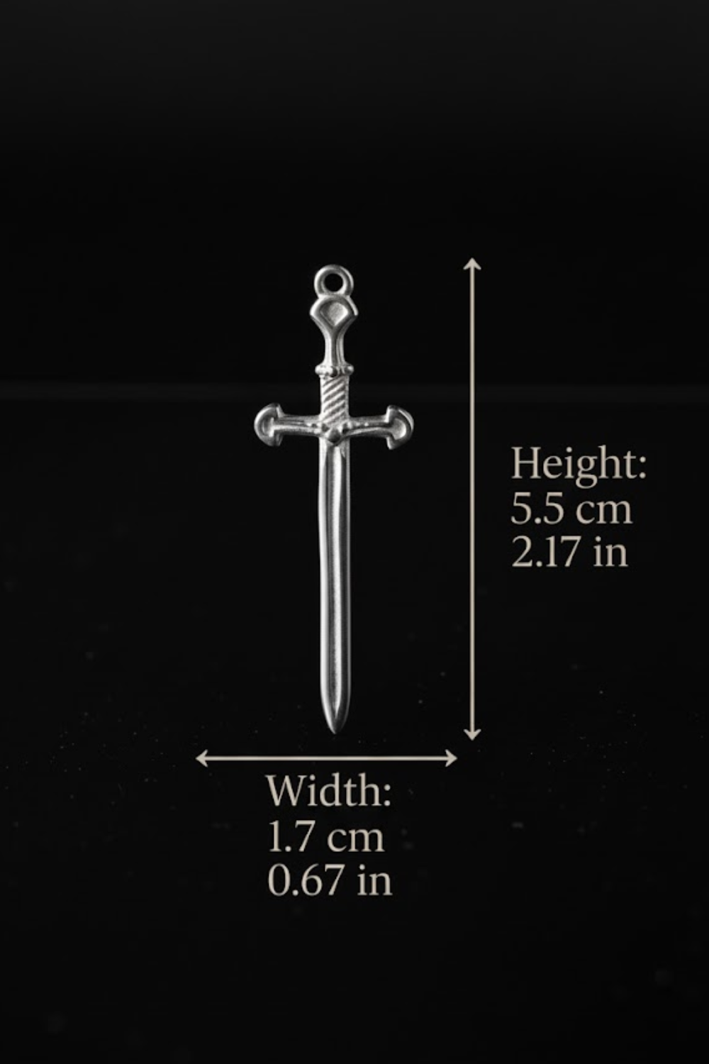 a silver-colored sword pendant with measurements and a description of its dimensions.