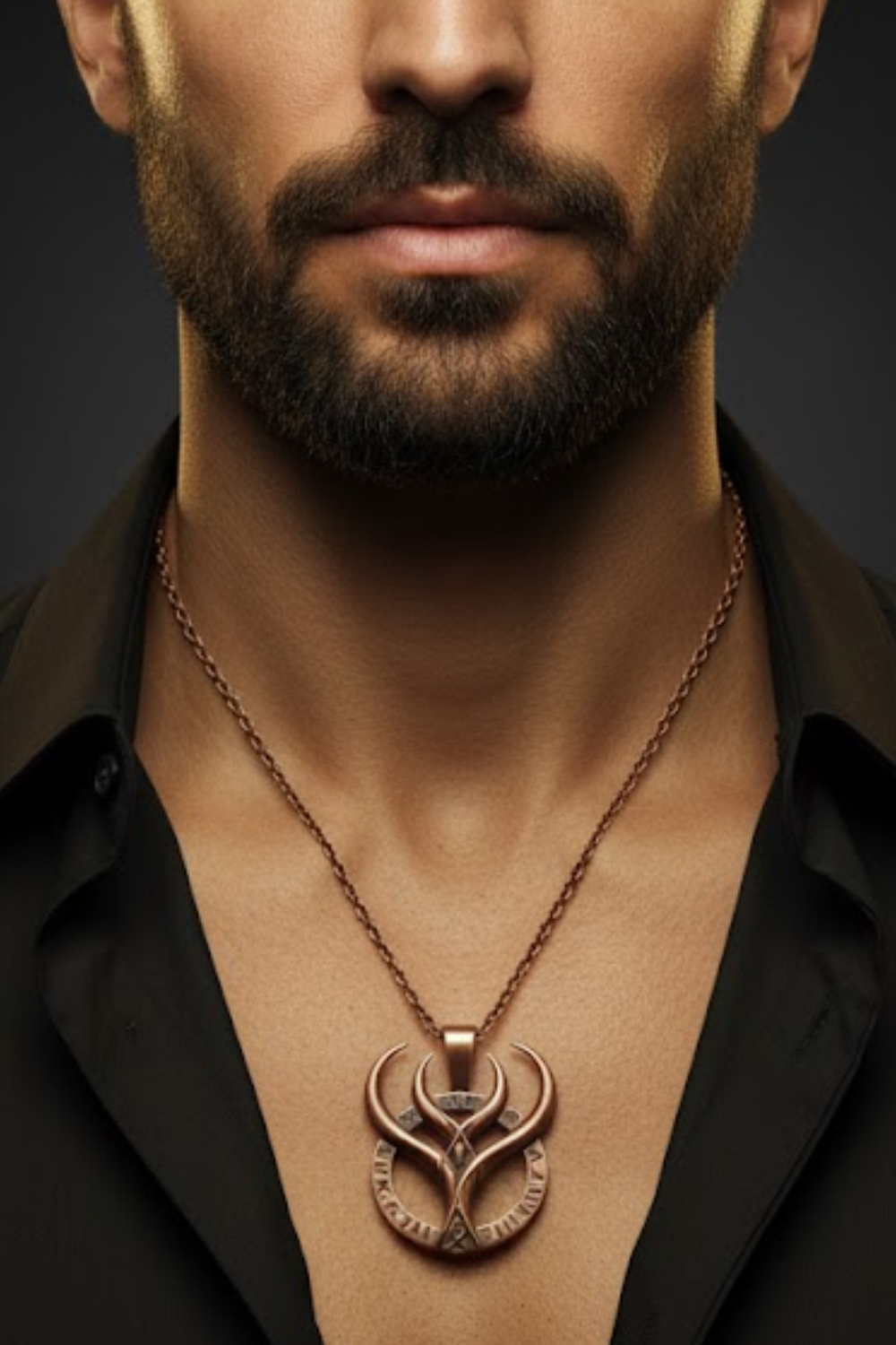 A close-up of a man's neck and chest area, with a necklace featuring a pendant prominently displayed.