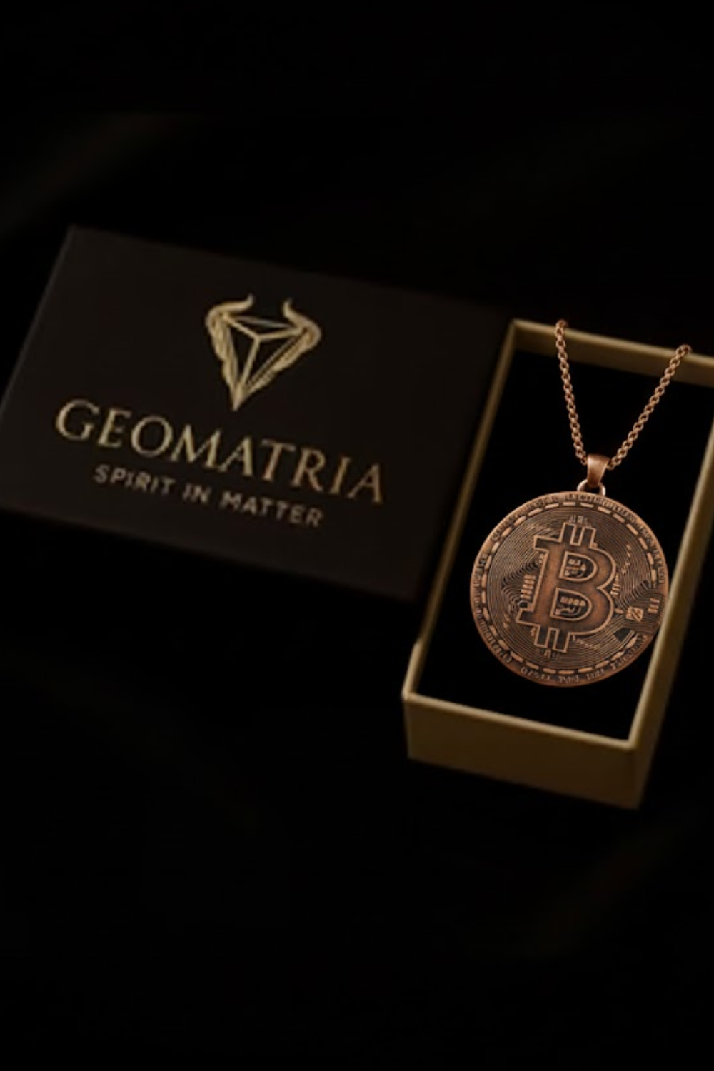a necklace with a large, circular pendant that resembles a Bitcoin coin, placed inside a box with a dark background.