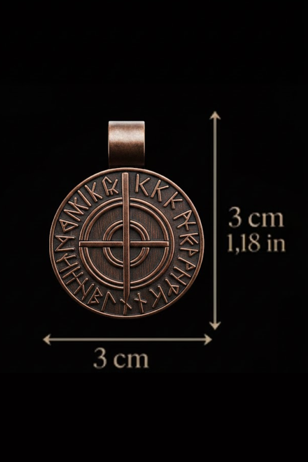 A close-up of a pendant with a circular design featuring a cross and various symbols, along with measurements indicating its size.
