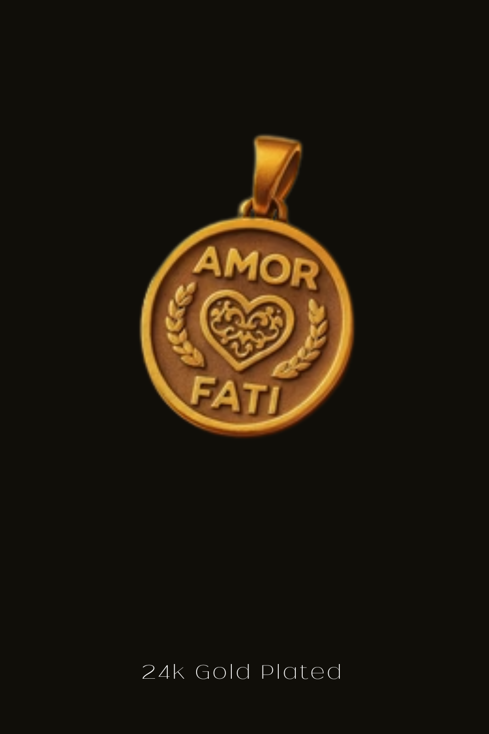 a 24k gold plated pendant with the words "Amor Fati" engraved on it.