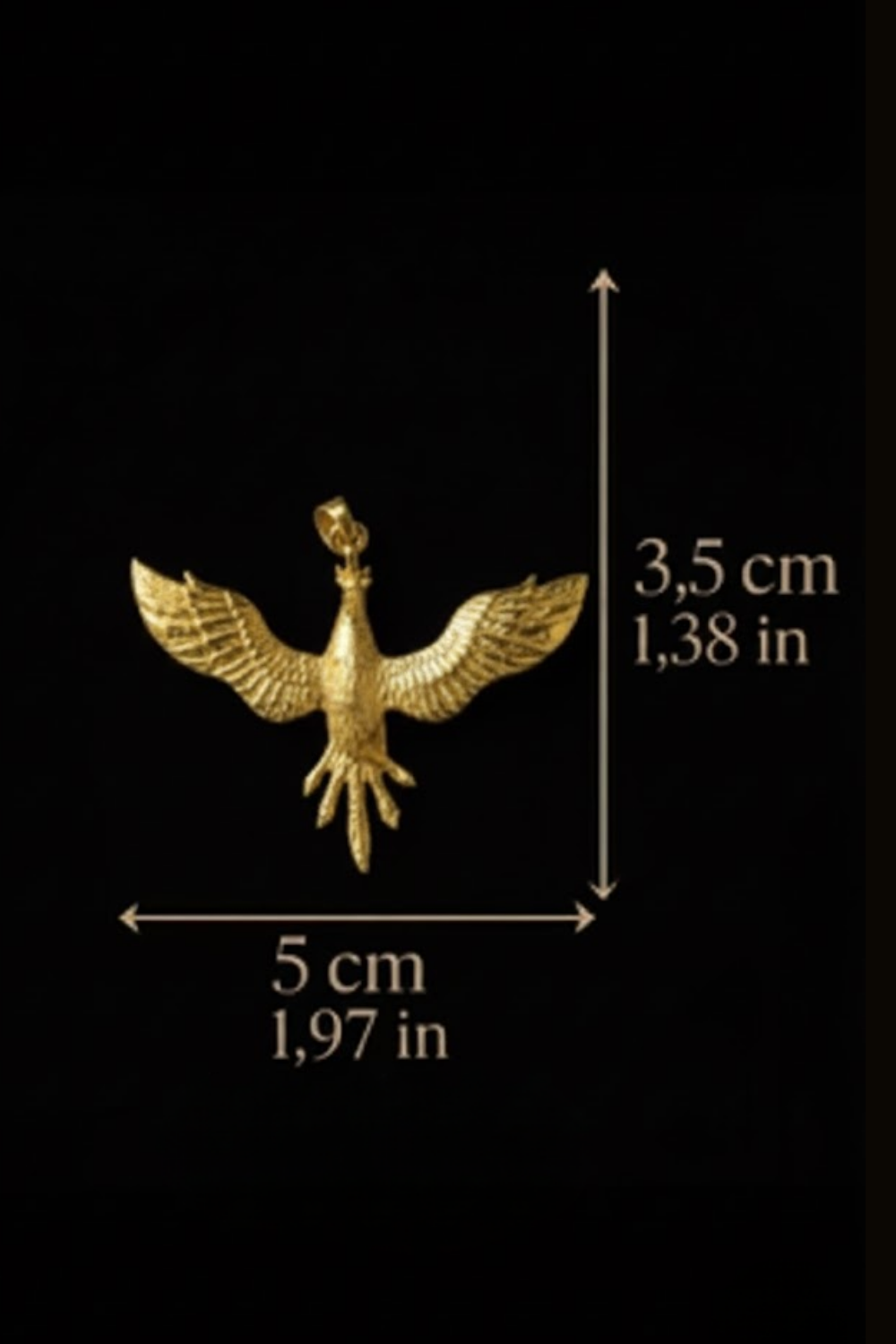 a golden eagle pendant with wings spread wide, measuring 5 cm in length and 1,97 in width.