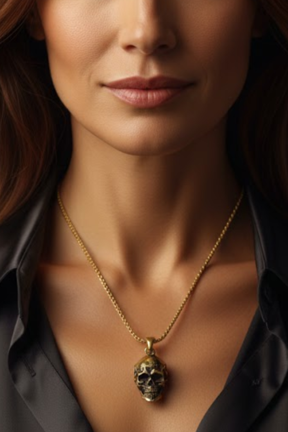 A close-up of a woman's neck and chest area, with a gold necklace featuring a pendant.