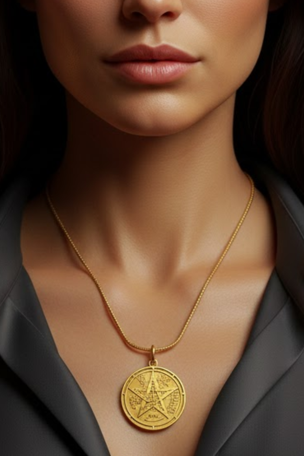 A close-up of a woman's neck and chest area, with a gold-colored pendant necklace featuring a circular medallion with a star design.