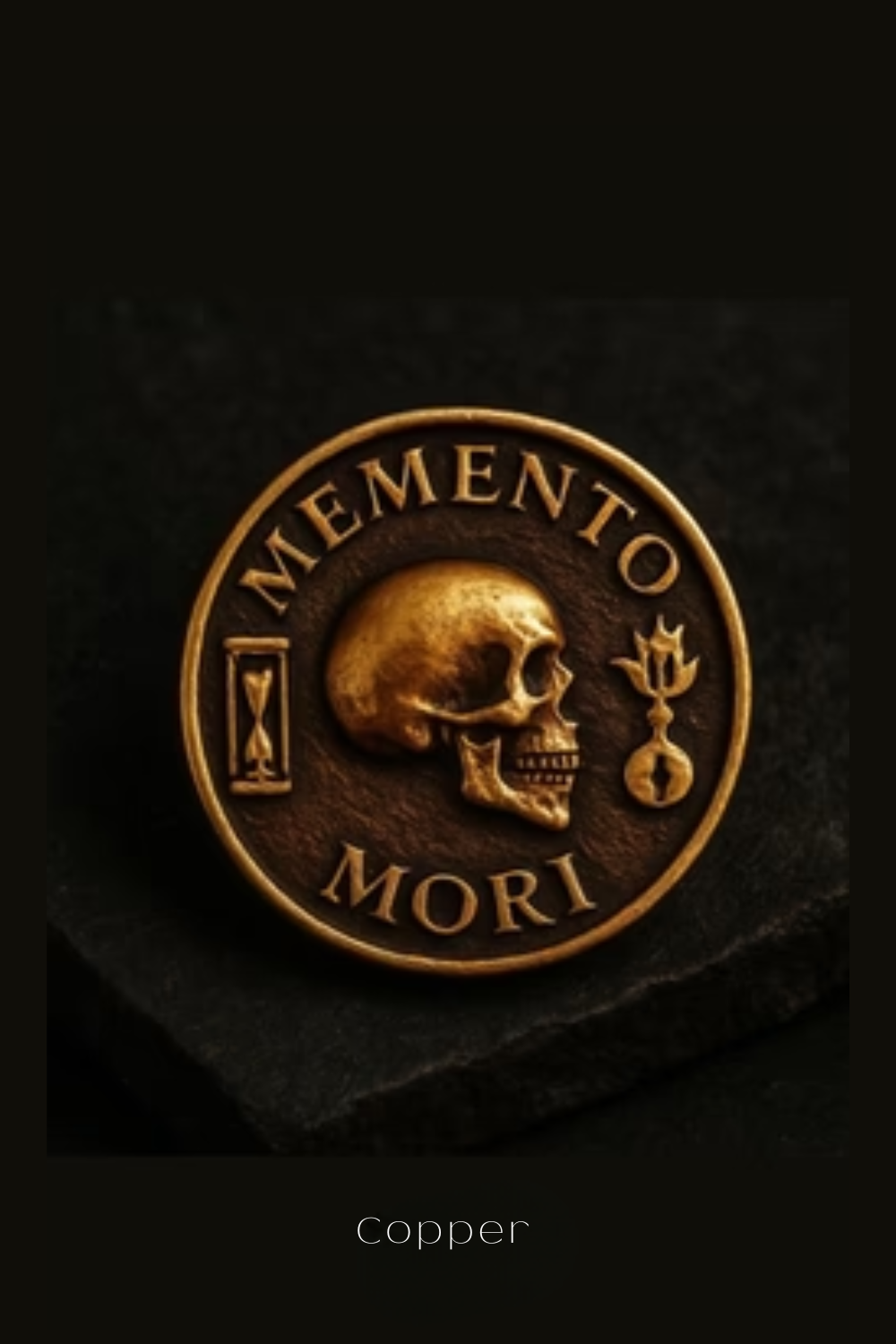 a close-up of a gold-colored coin with a skull and the Latin phrase "Memento mori" (which means "Remembering the dead" in English).