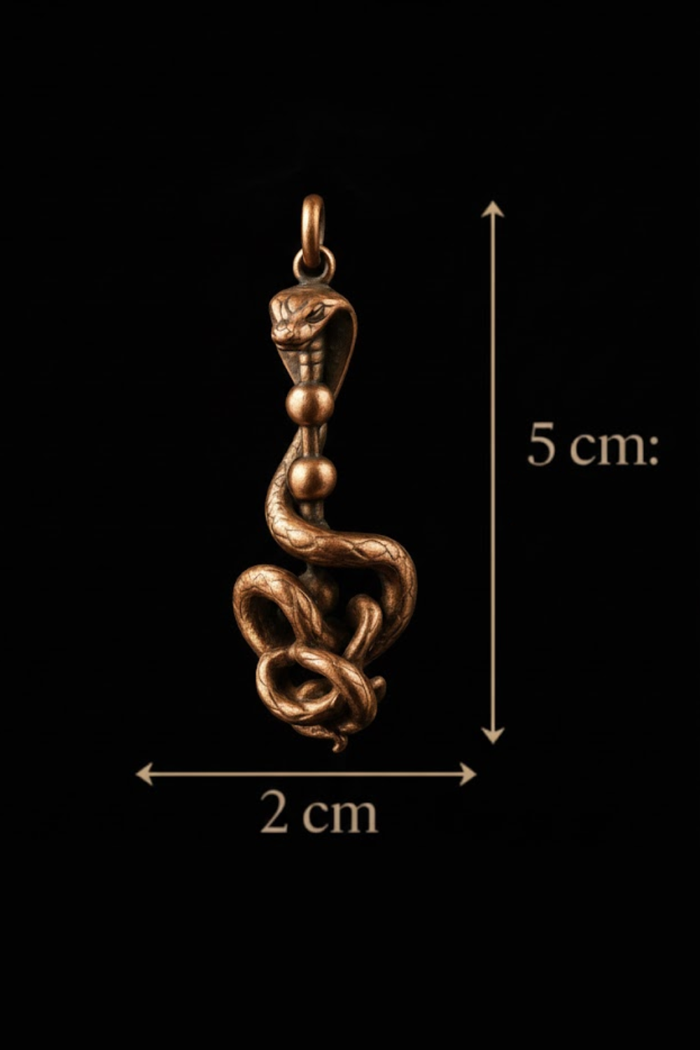 A detailed image of a gold-colored pendant in the shape of a snake, with measurements provided.