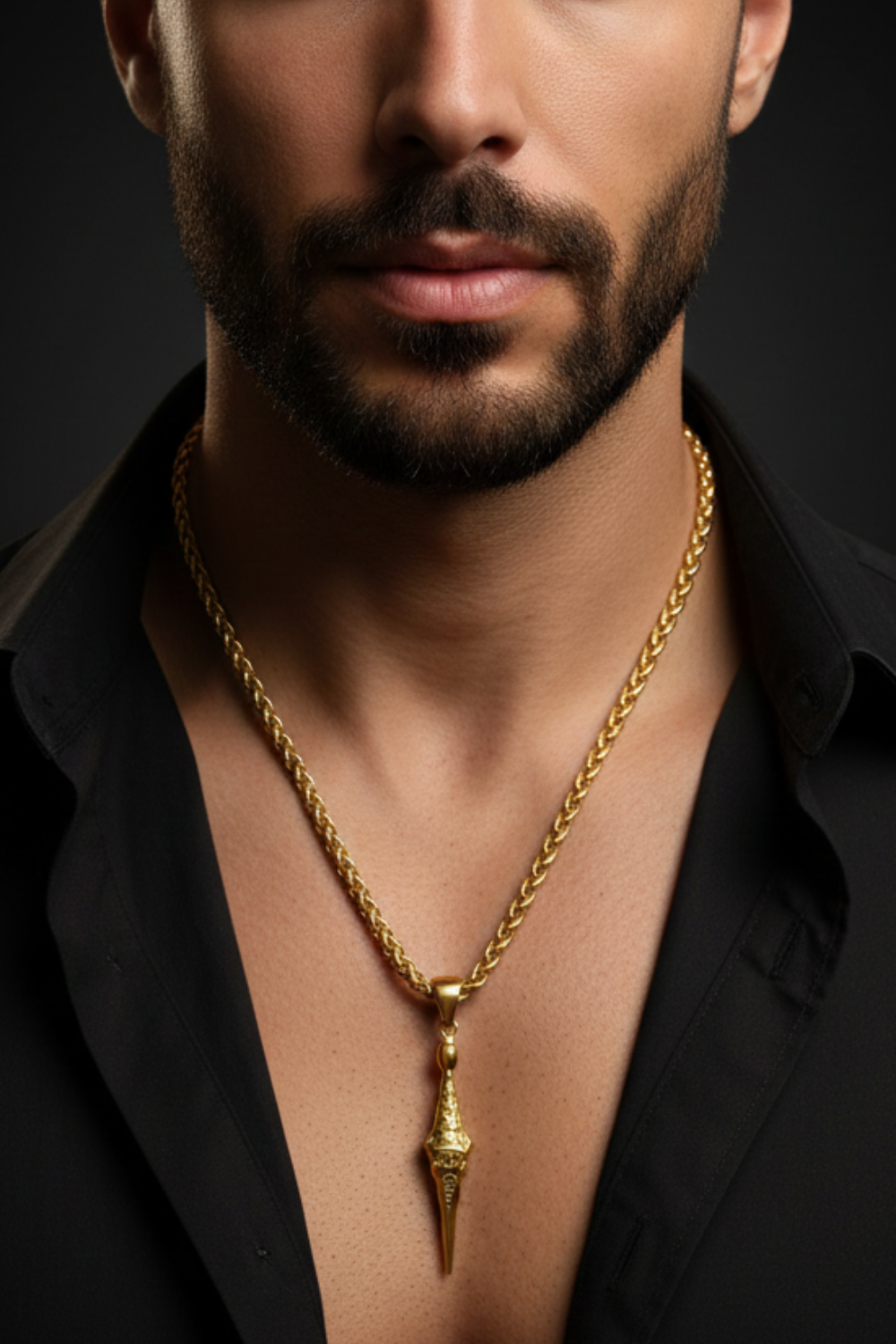 A close-up of a man's neck and chest area, with a gold chain necklace and a pendant visible.