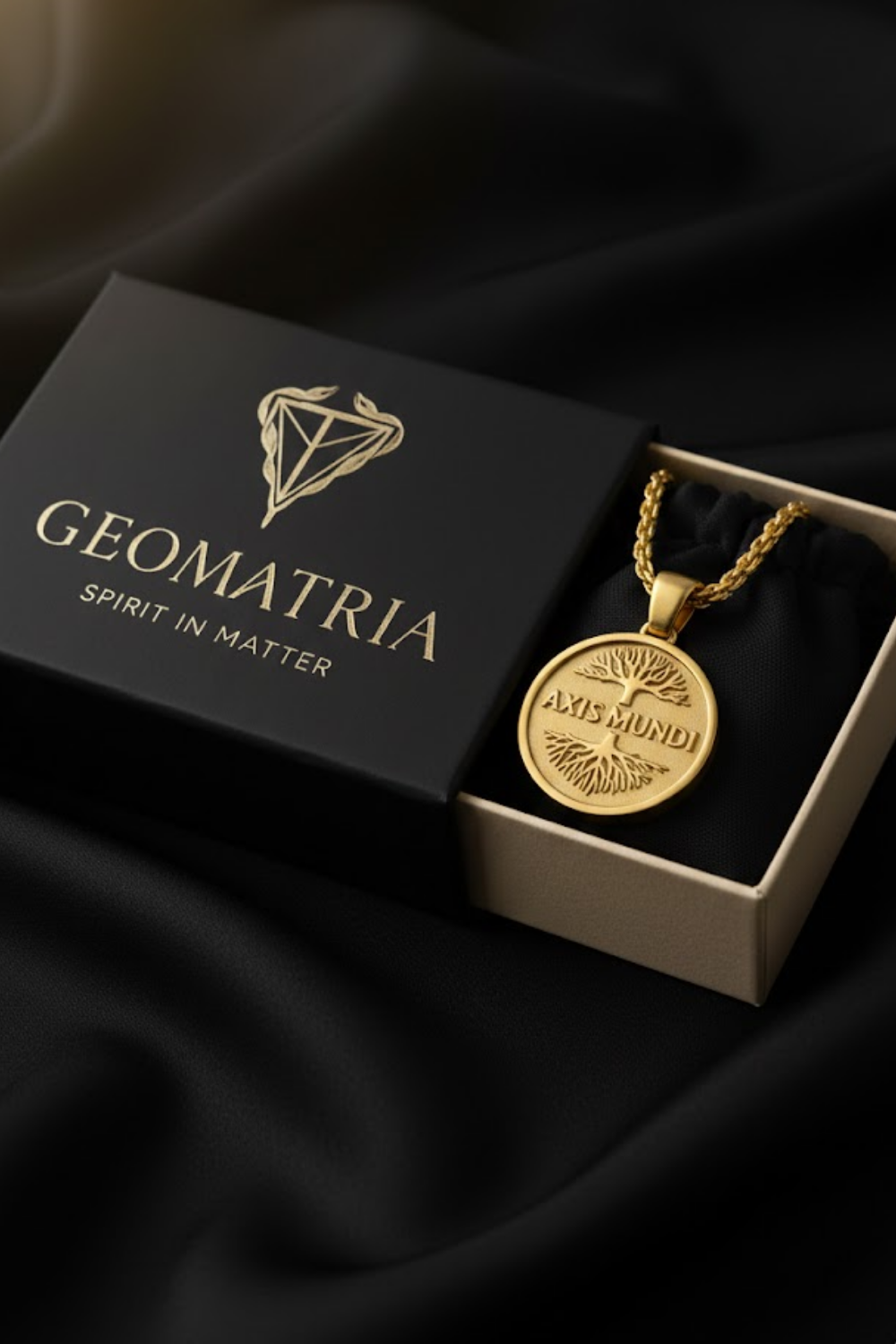 A gold necklace with a pendant is displayed in a black box with the text "Geomatria" and "SPIRIT IN MATTERS" printed on it.