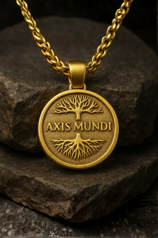 A gold-colored pendant necklace with a circular medallion featuring a tree design and the text "AXIS MUNDI" engraved on it.
