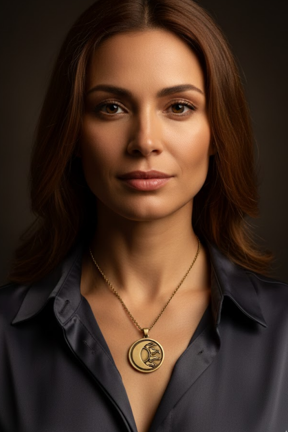 A portrait of a woman with long brown hair wearing a necklace with a pendant.