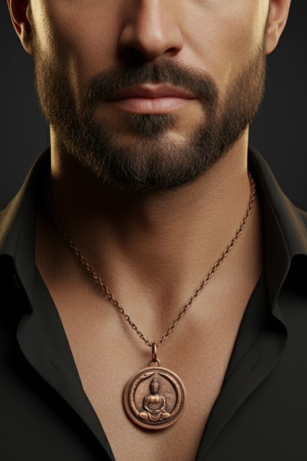 A close-up of a man's neck and chest area, with a pendant featuring a Buddha image hanging from a chain around his neck.