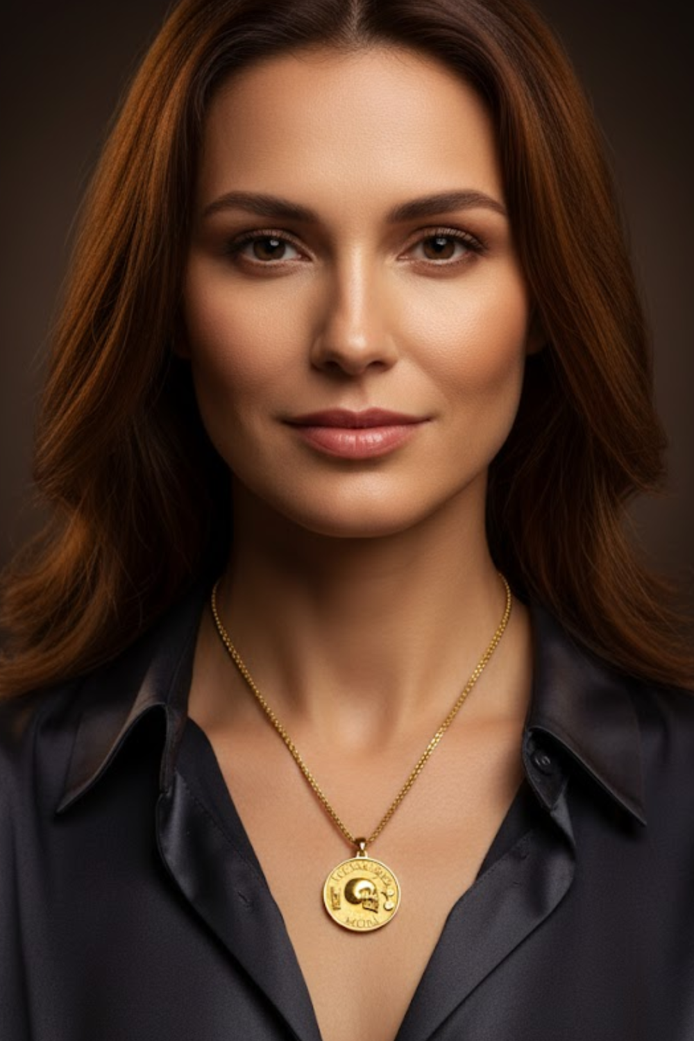 A portrait of a woman with long brown hair wearing a black blouse and a gold necklace with a pendant.
