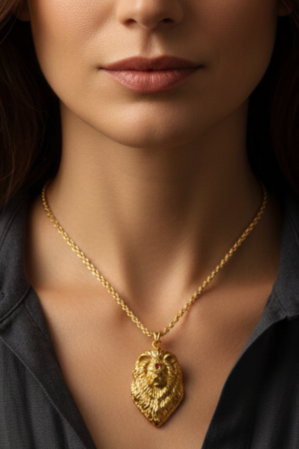 A close-up of a woman's neck and chest area, with a gold-colored pendant necklace featuring a lion's head pendant.