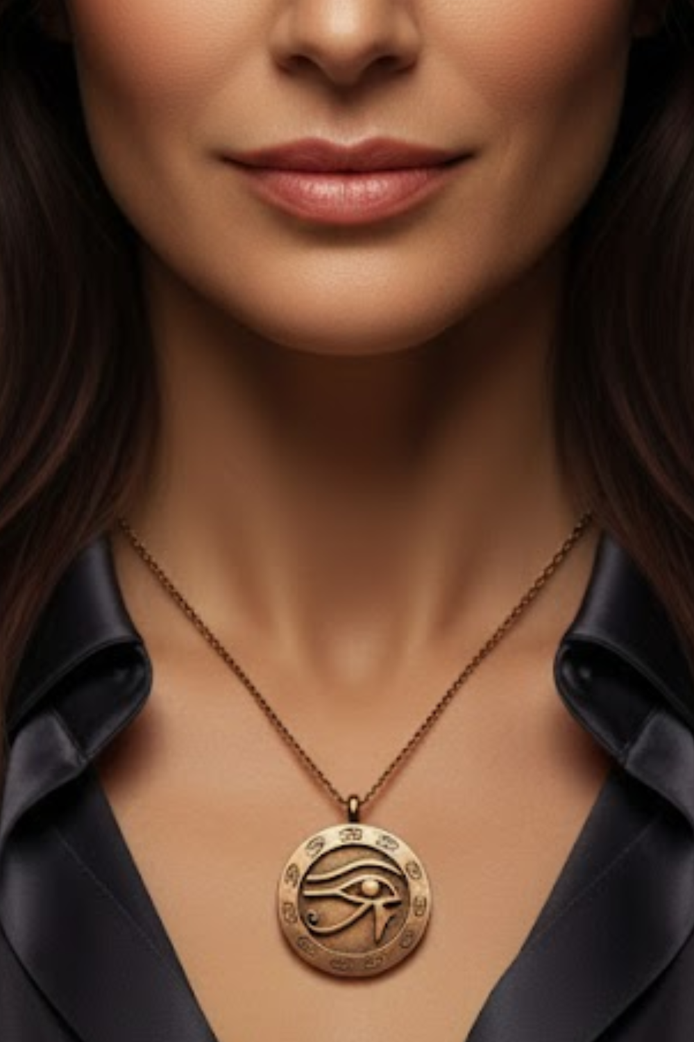 A close-up of a woman's face, with a gold pendant necklace featuring an eye design around her neck.