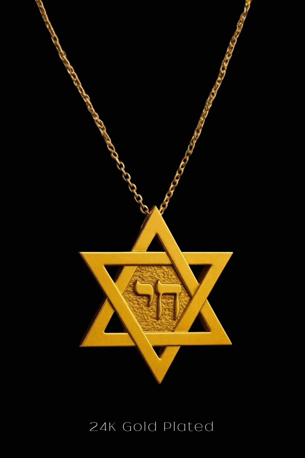 A 24k gold-plated necklace with a Star of David pendant against a black background.