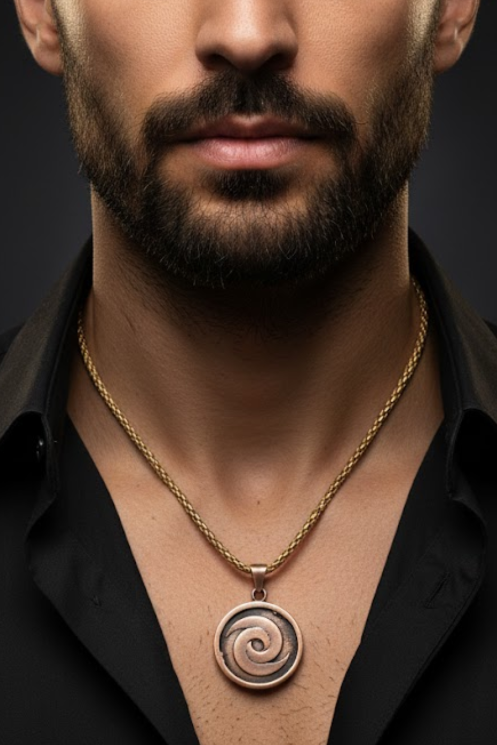 A close-up of a man's neck and chest area, with a gold chain necklace and a circular pendant featuring a spiral design.