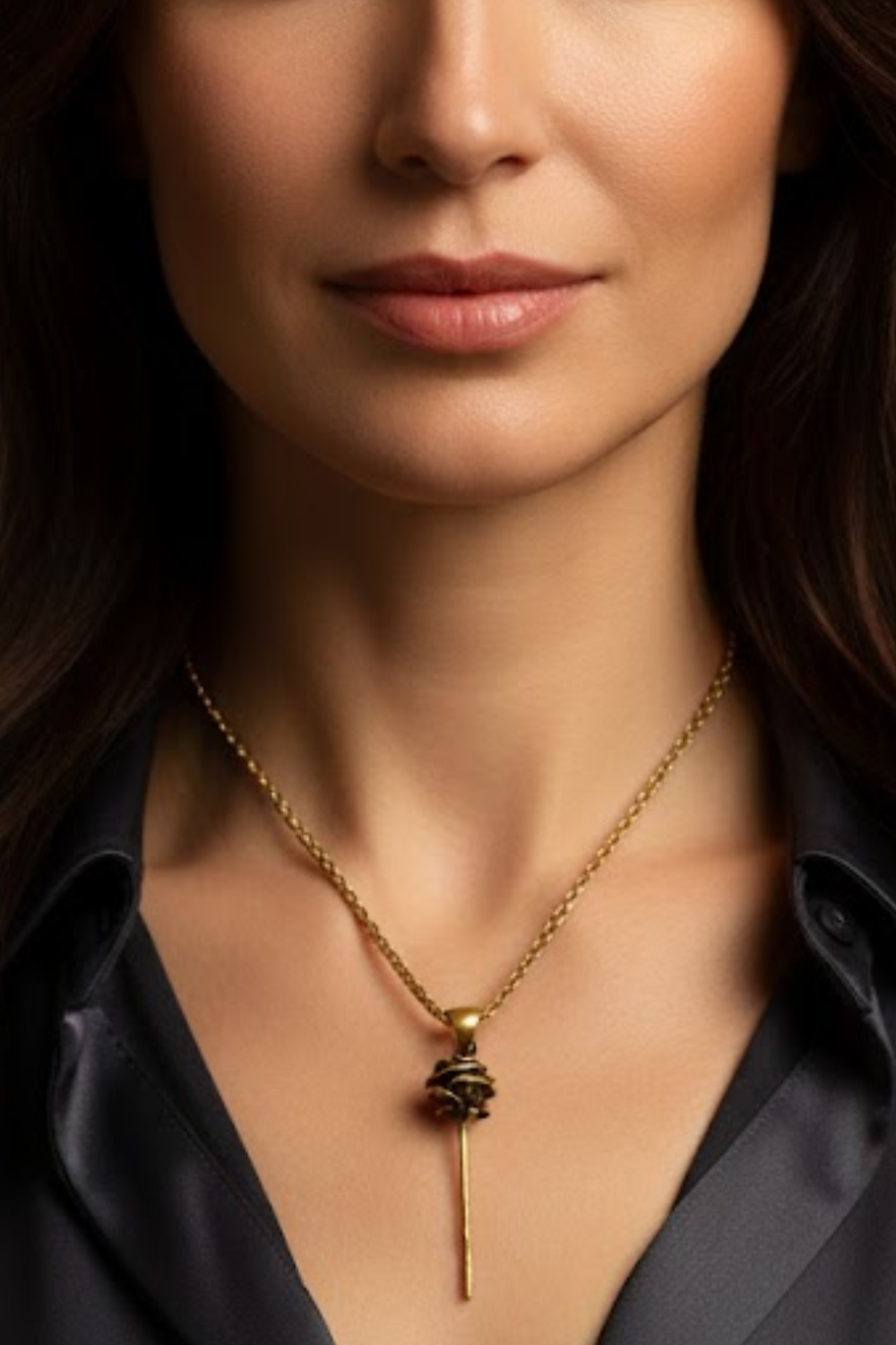 A close-up of a woman's neck and chest area, with a gold necklace featuring a pendant hanging from her neck.