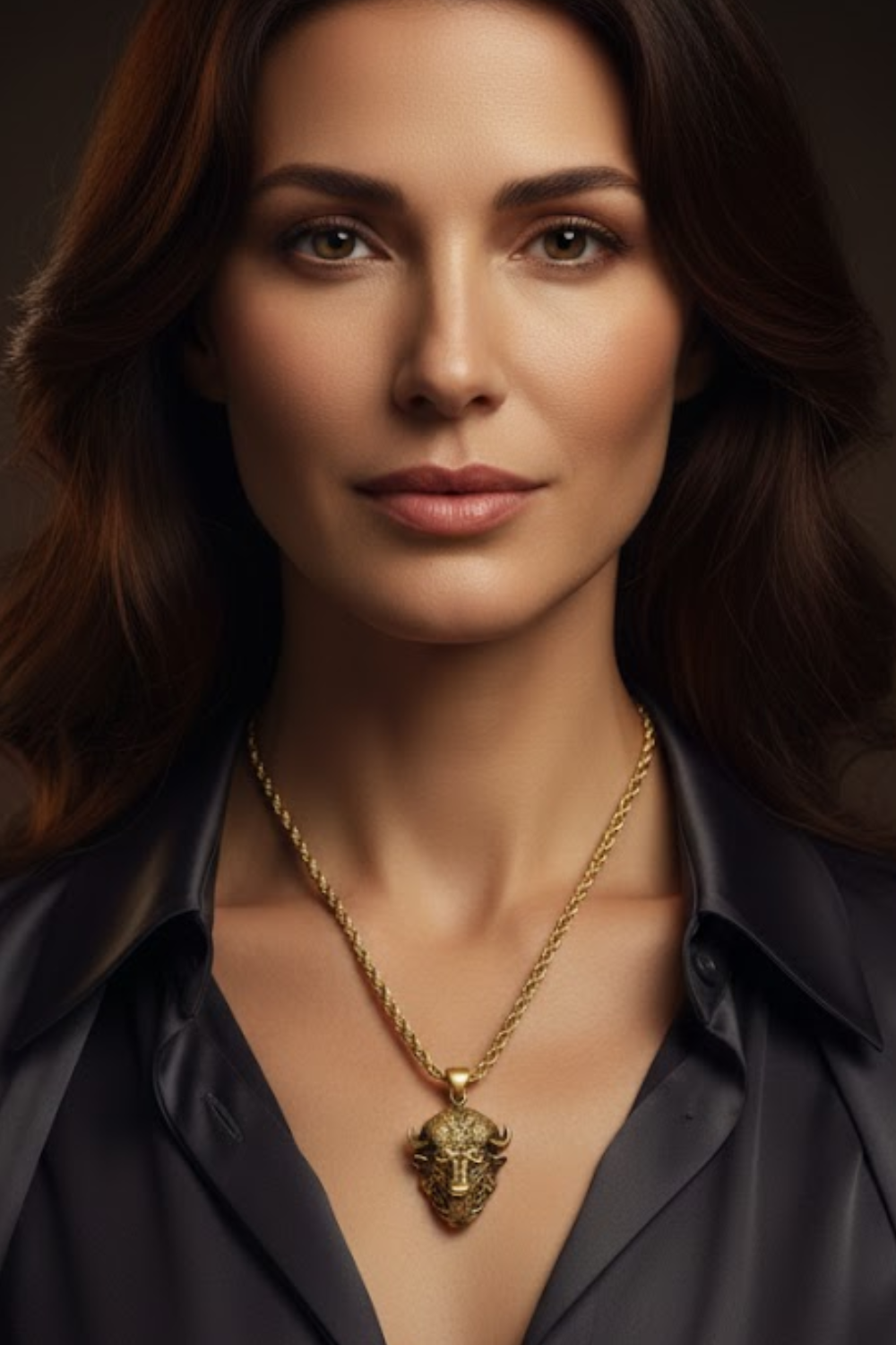 A woman with long brown hair wearing a black jacket and a gold necklace with a pendant.