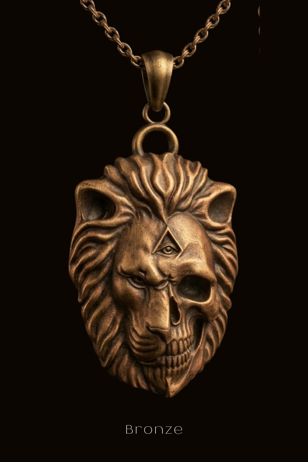 A bronze pendant in the shape of a lion's head with a skull-like design, suspended from a chain.