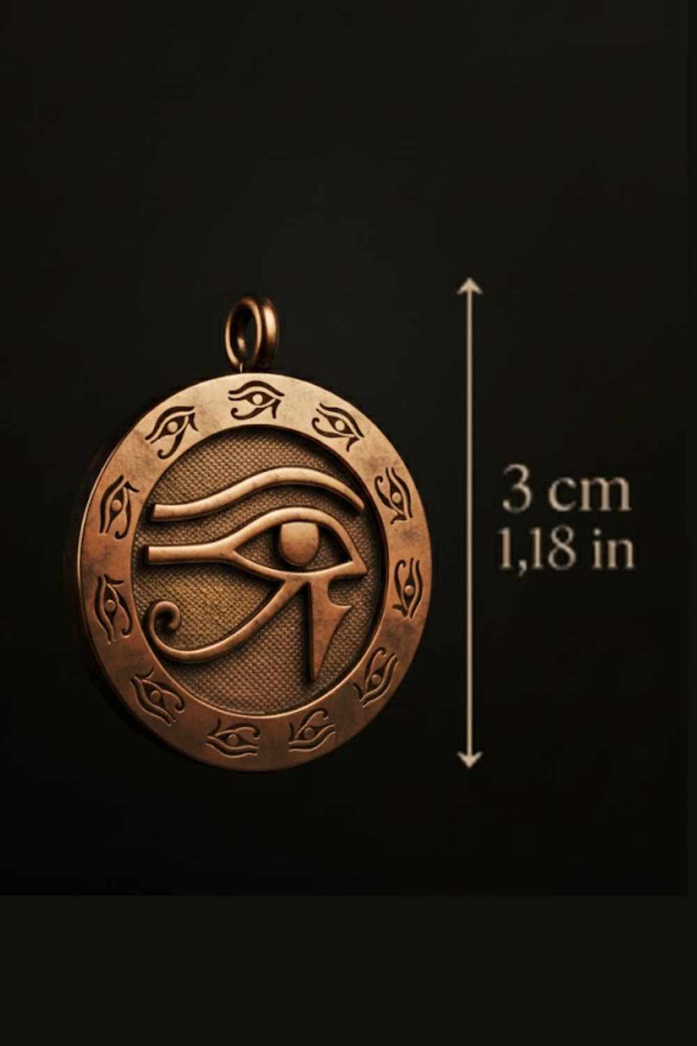 A close-up image of a pendant featuring an eye design, with a measurement scale indicating the pendant is 3 cm in diameter.