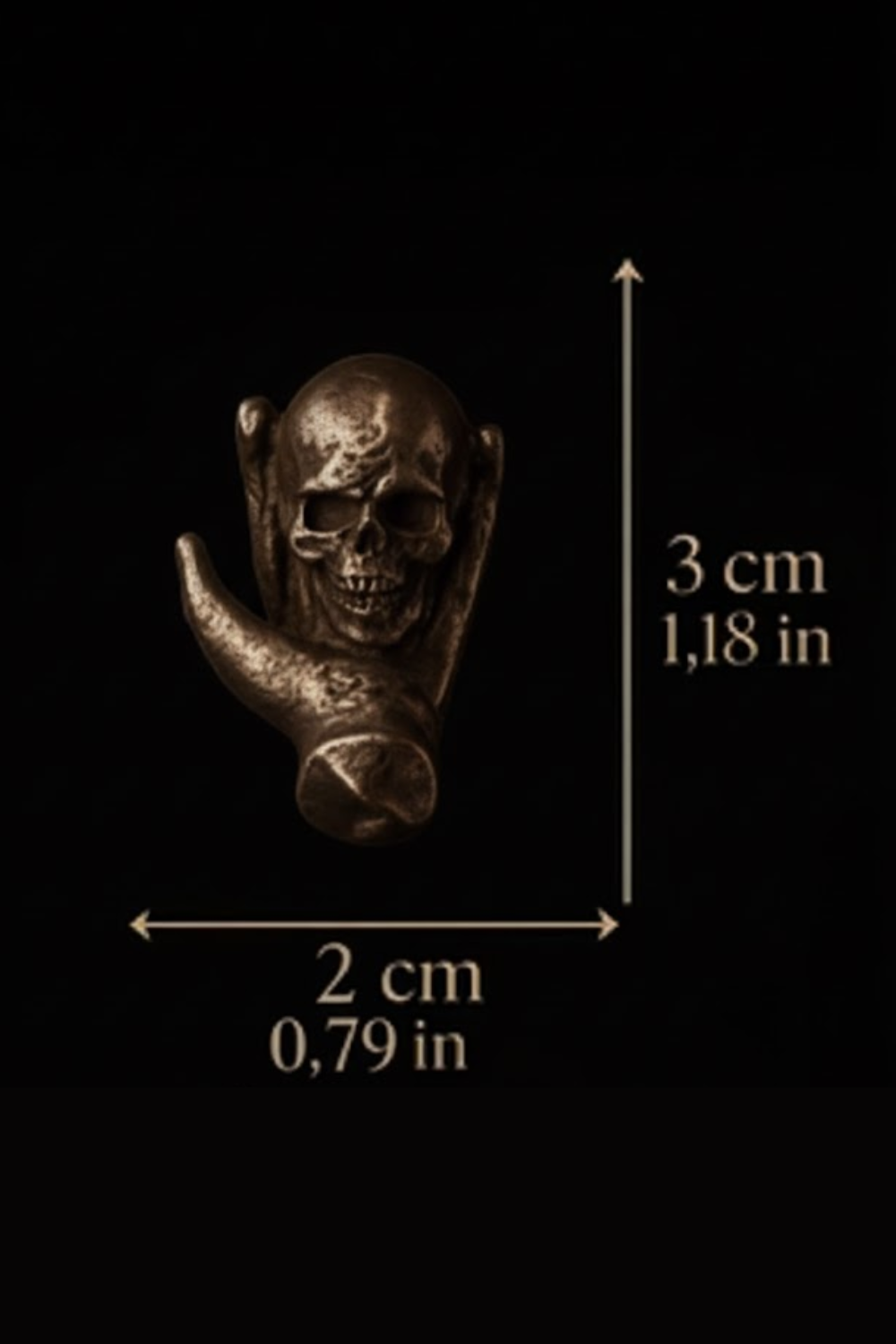 a skull with a horn-like object attached to it, and the image is 3 cm in size.