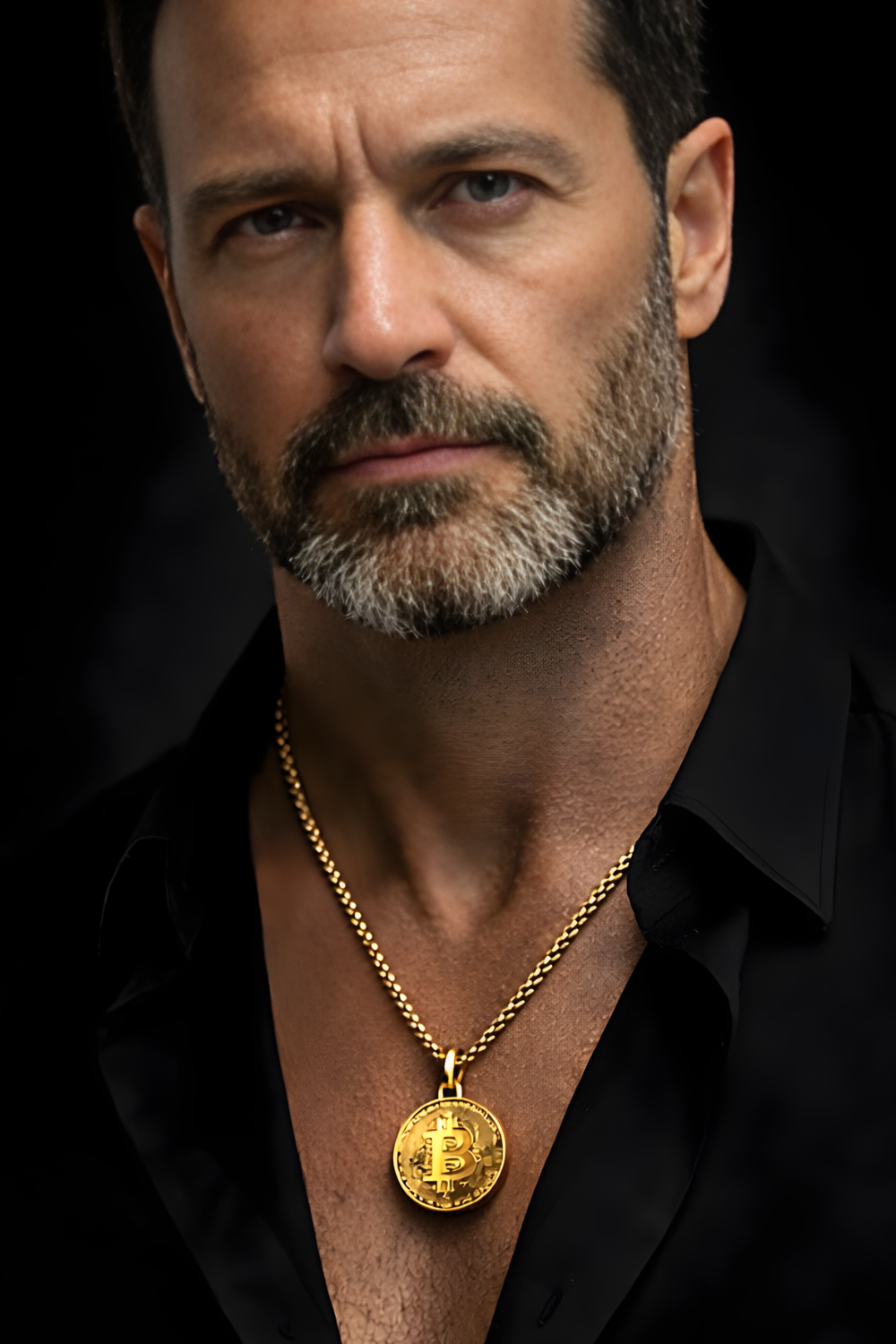 A man with a beard wearing a black shirt and a gold chain necklace with a large coin pendant.