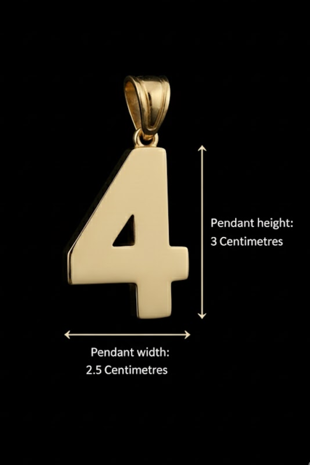 A gold-colored pendant in the shape of the number 4, with dimensions and a pendant height provided.