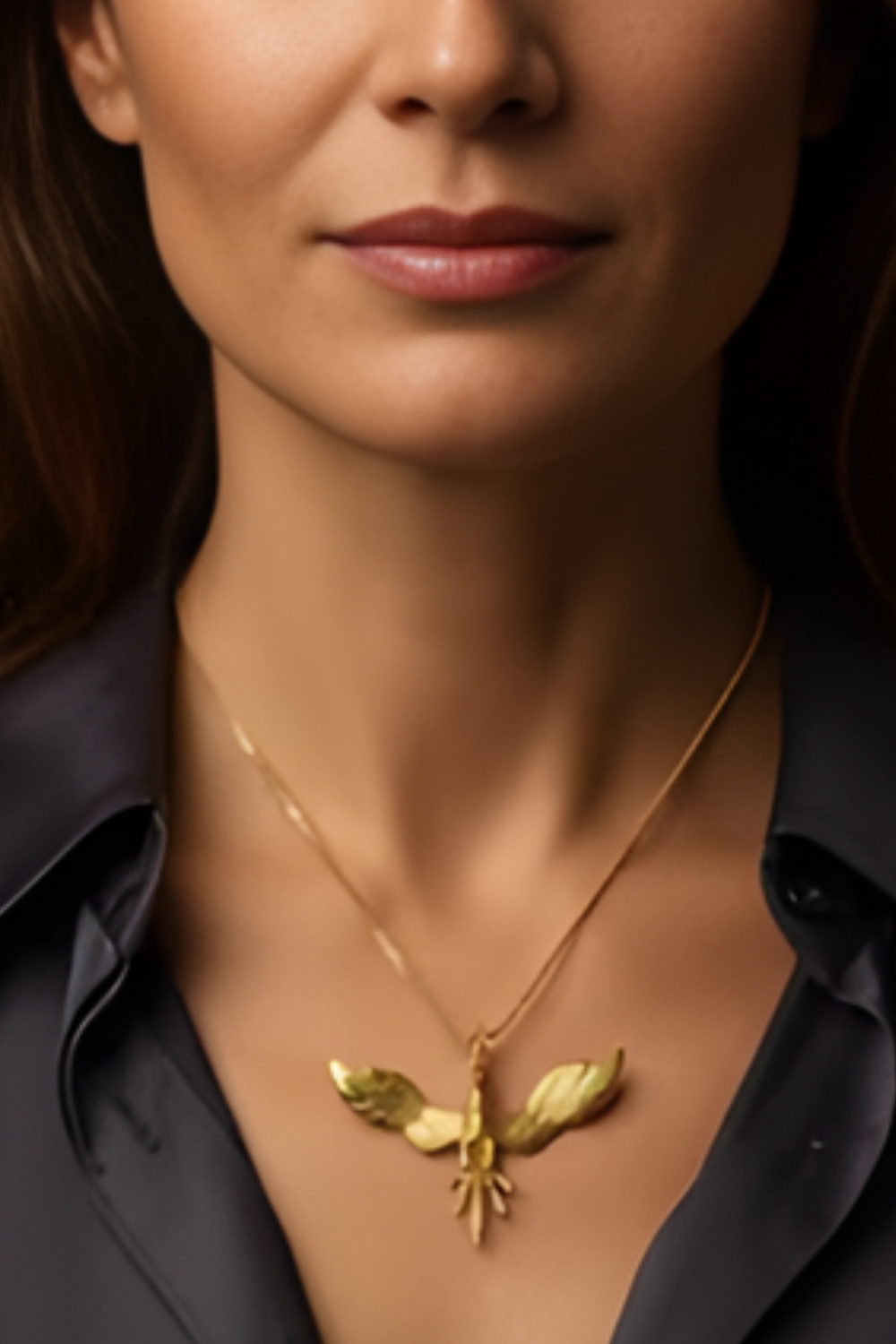 A close-up of a woman's neck and chest area, with a gold-colored pendant necklace featuring a bird-like design.