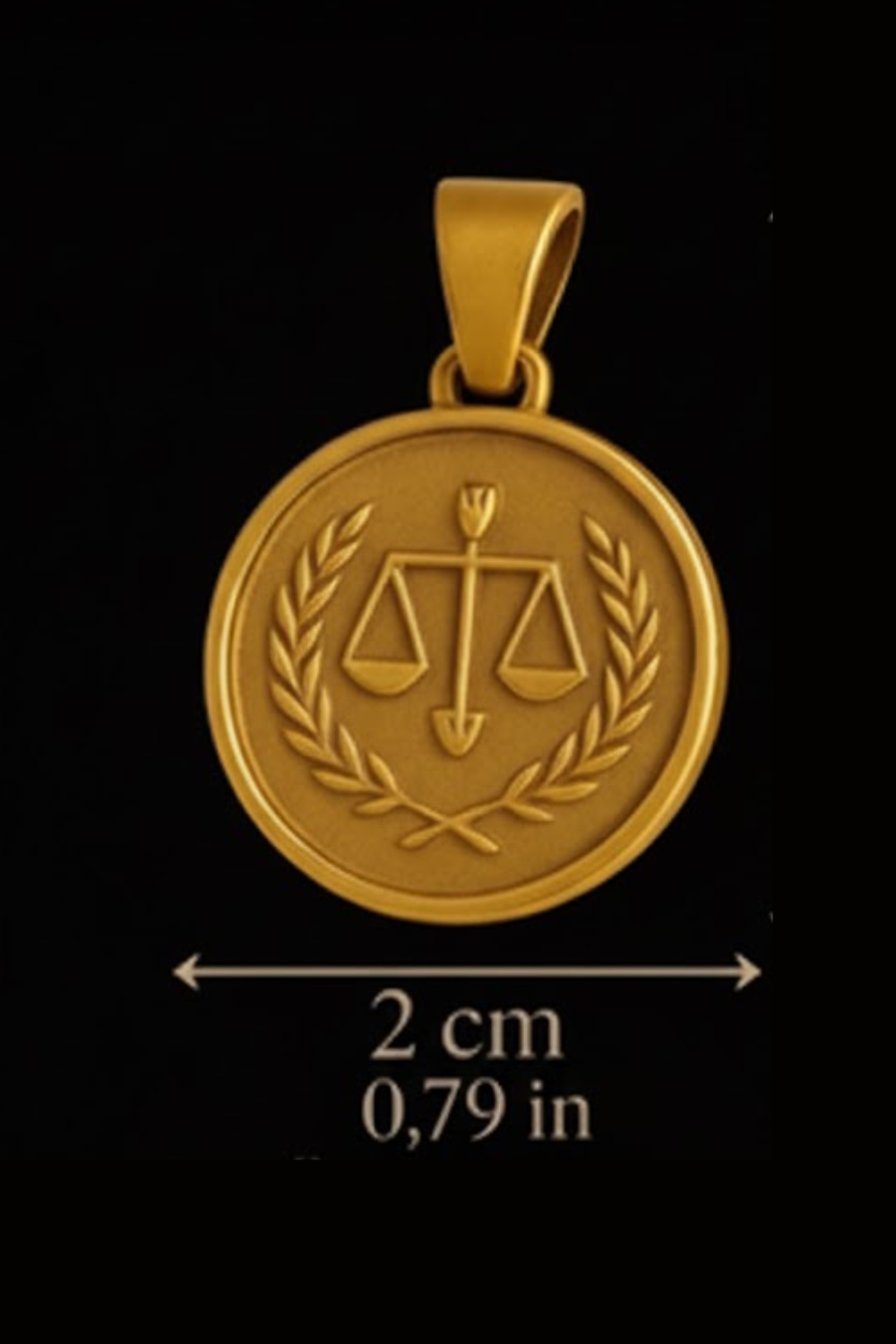 A gold-colored pendant with a scale of justice symbol, which appears to be a symbol of fairness or balance.