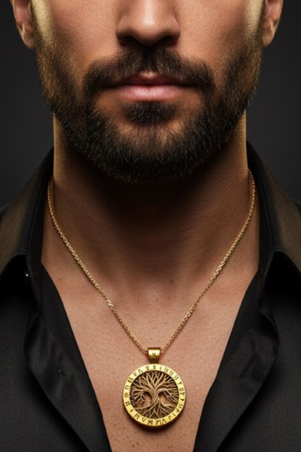 A close-up of a man's neck and chest area, with a gold necklace featuring a pendant with a tree design.