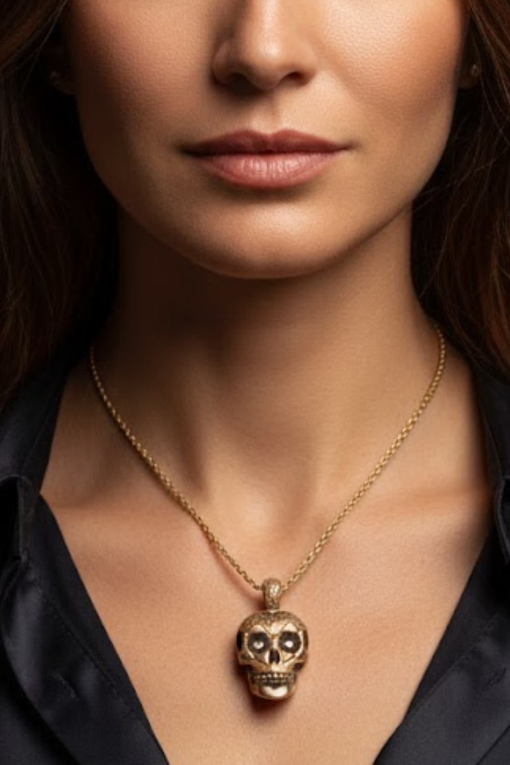 A close-up of a woman's neck and chest area, with a gold-colored necklace featuring a pendant in the shape of a skull.