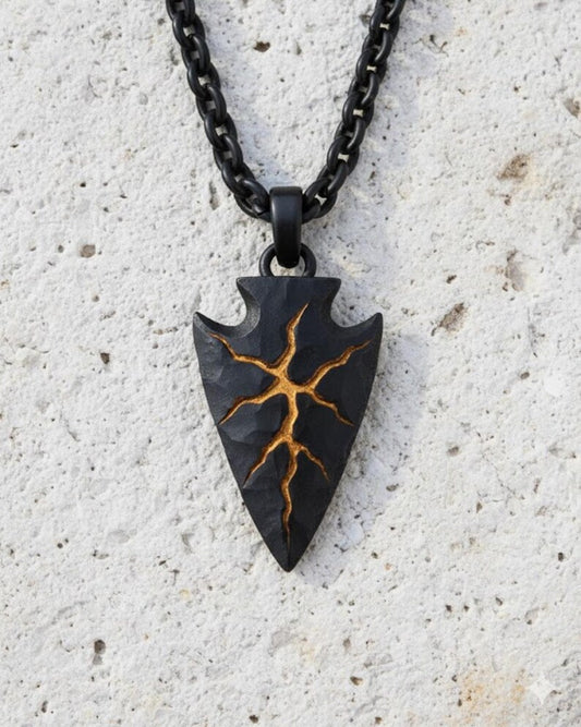 A black pendant with a gold design on it, hanging from a chain against a white background.