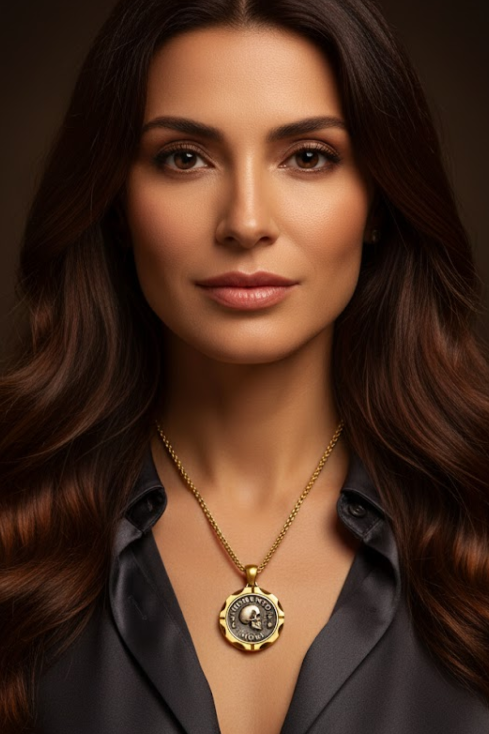 A woman with long brown hair wearing a necklace with a pendant, looking directly at the camera with a serious expression.