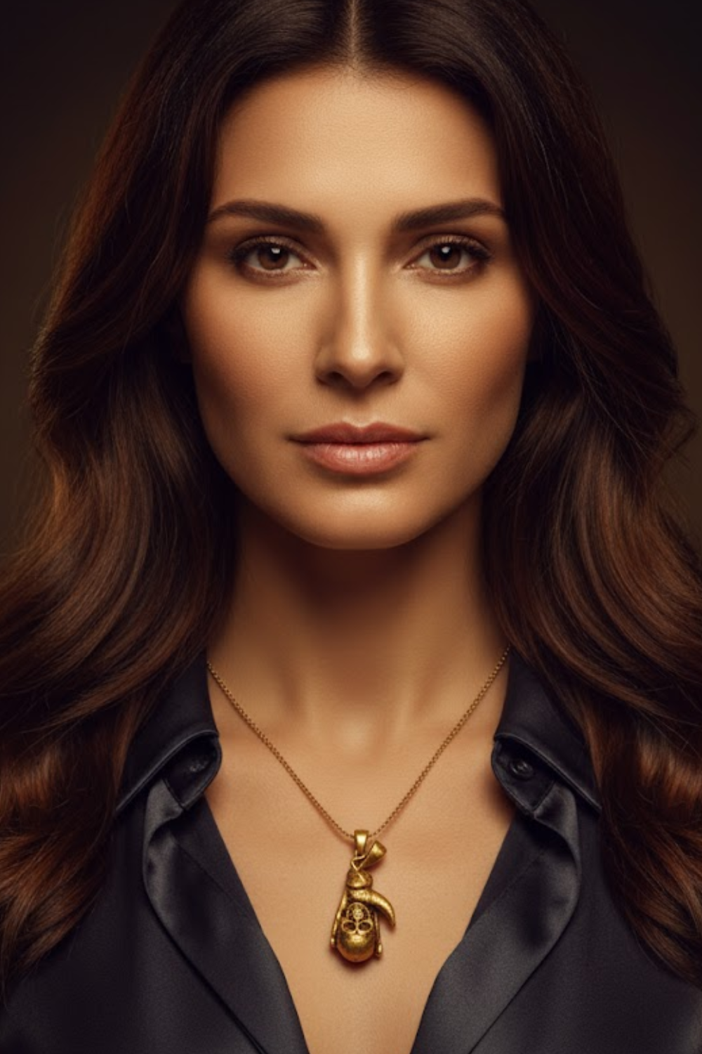 A close-up portrait of a woman with long, dark hair wearing a necklace with a pendant.