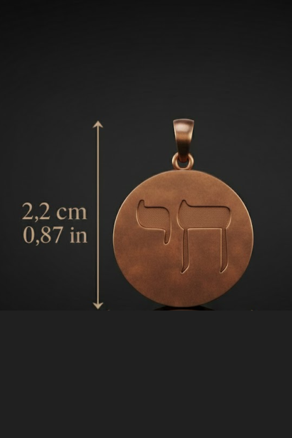 A copper-colored pendant with a circular design, possibly a symbol or emblem, is shown against a dark background.