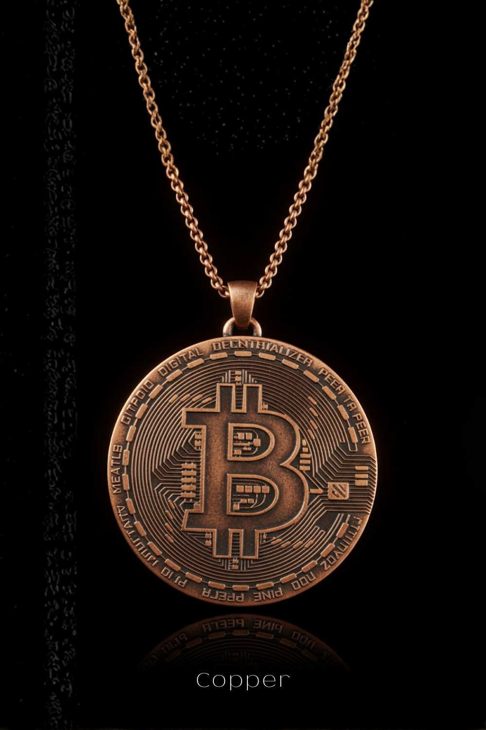 A copper-colored pendant necklace with a large, intricately designed Bitcoin coin pendant.