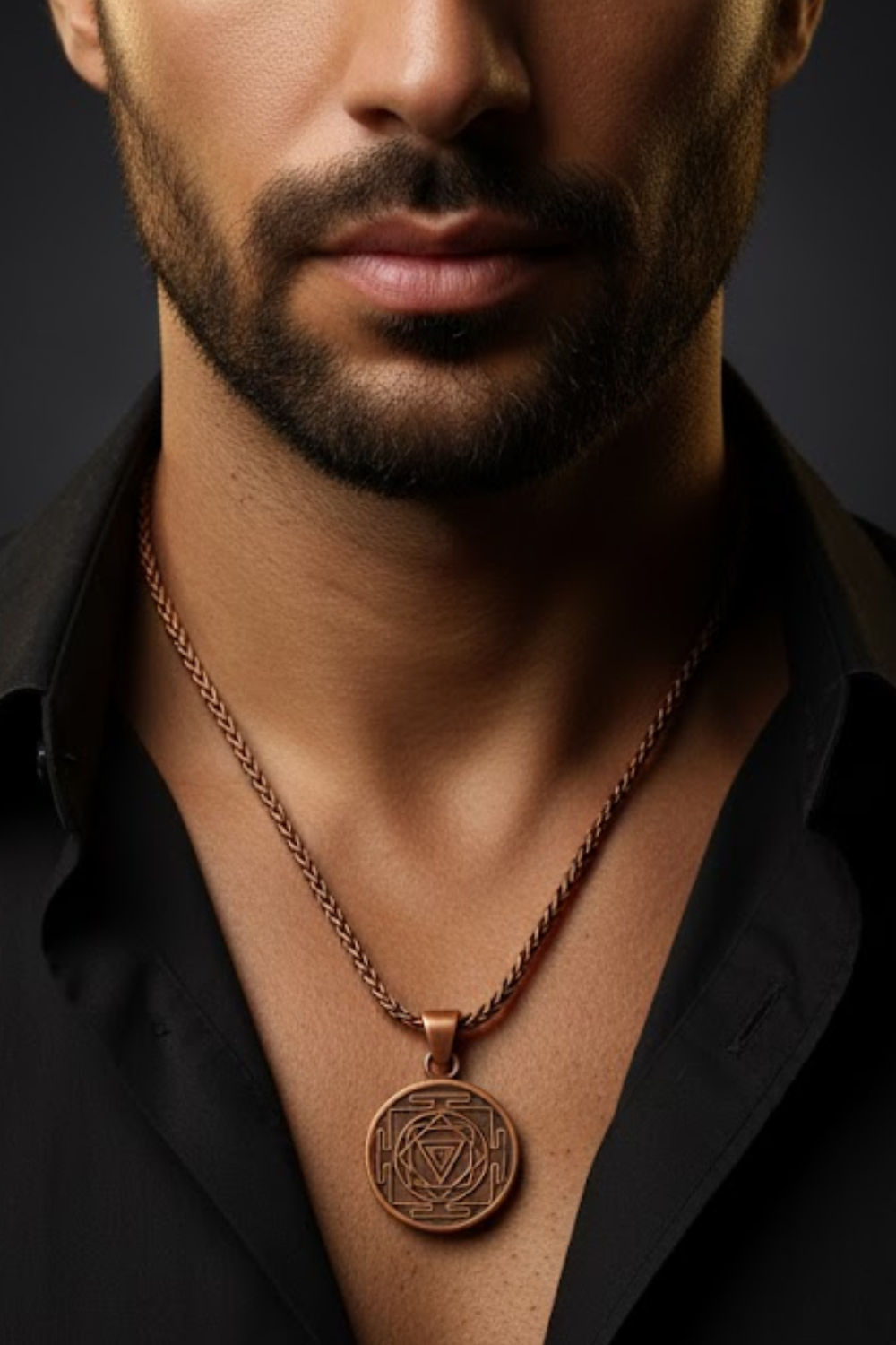 A close-up of a man's neck and chest area, with a copper-colored pendant necklace featuring a circular medallion design.