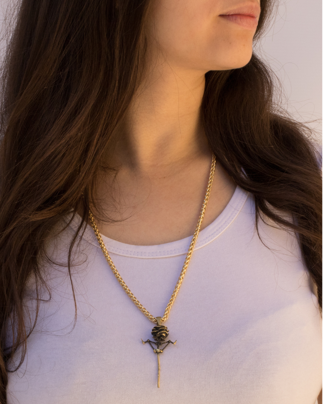 Rose necklace with thorns, in bronze, 24K gold plated, 925 SterlingSilver, copper