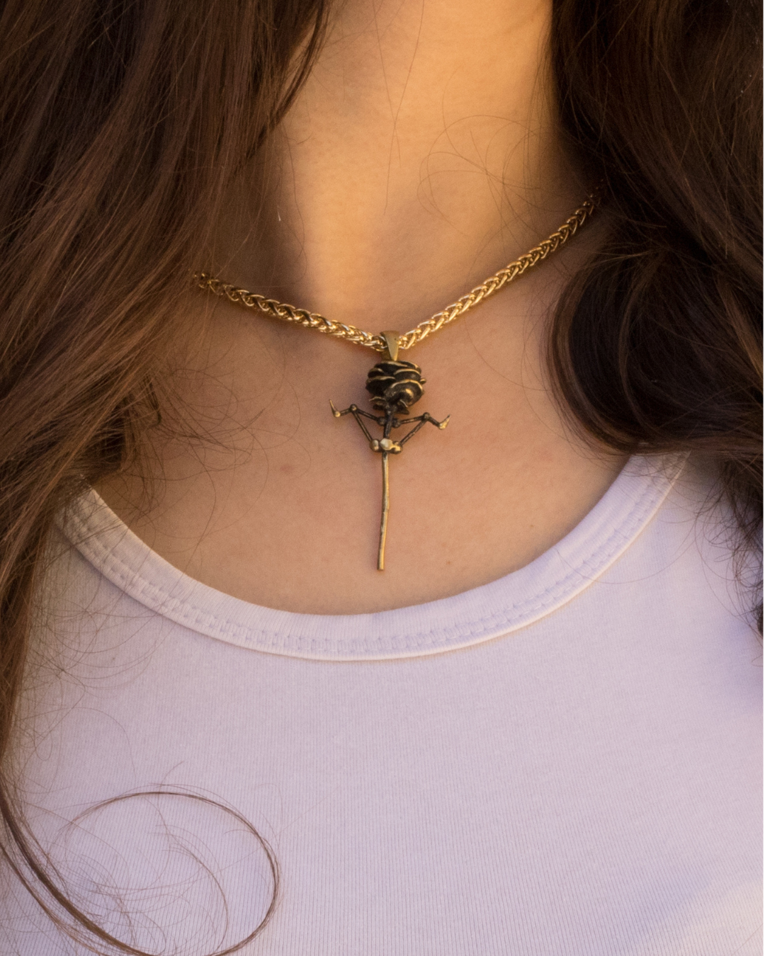 Rose necklace with thorns, in bronze, 24K gold plated, 925 SterlingSilver, copper