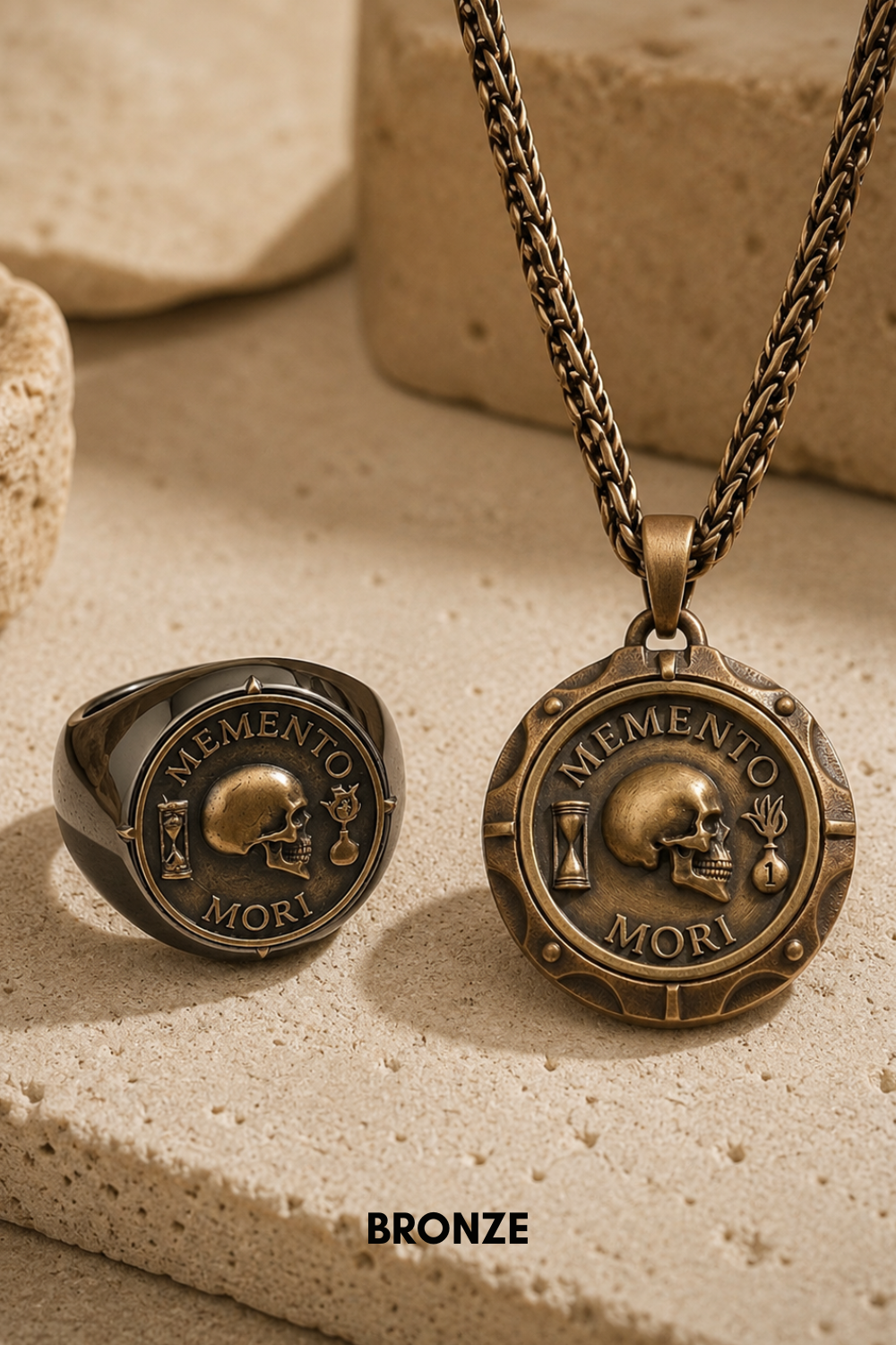 Memento Mori Set | Dual Metal Pendant & Ring | Handmade in 925 Sterling Silver & Bronze