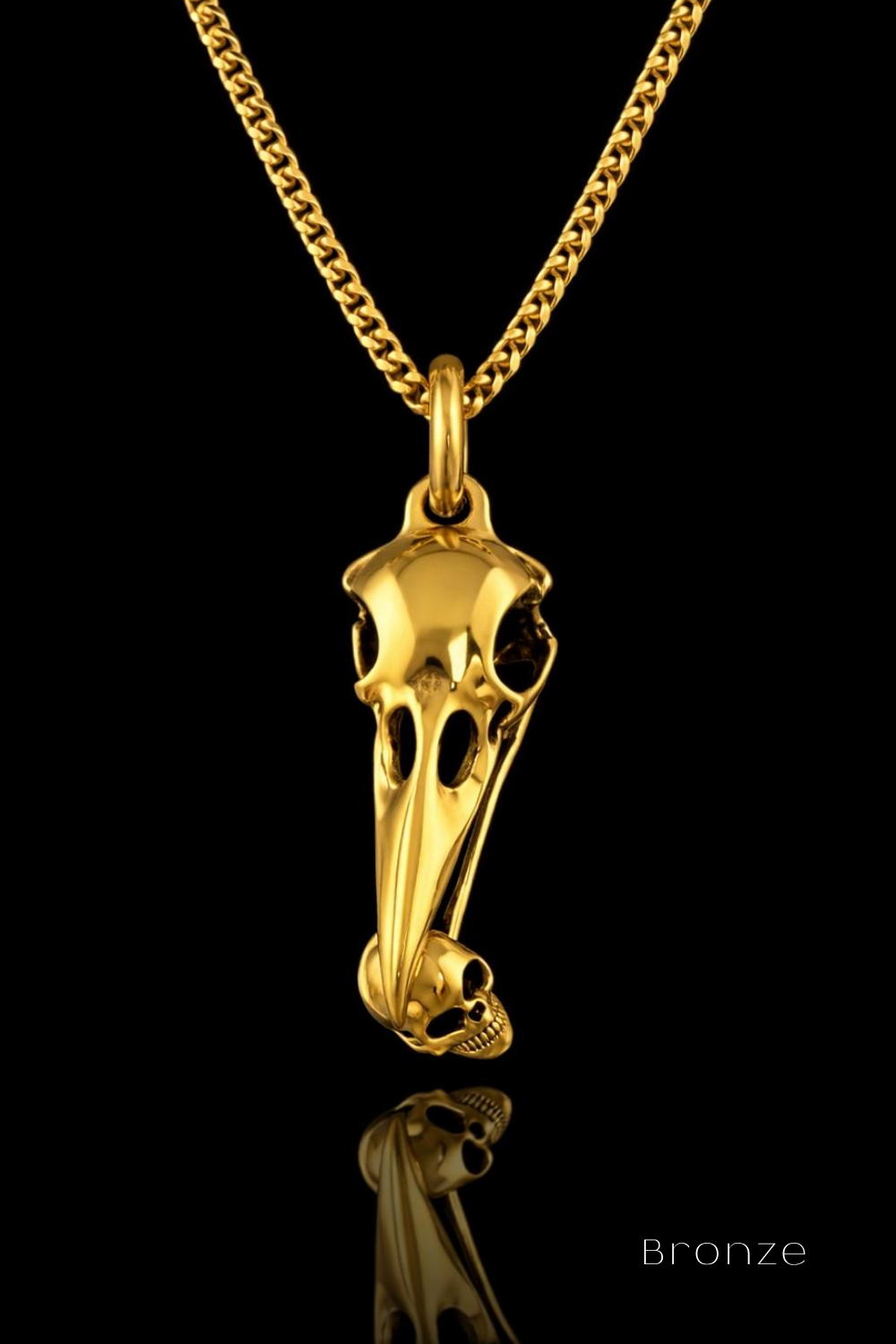 Raven Skull Necklace with Mini Human Skull – Bronze & Silver-Plated Finish | Limited Edition